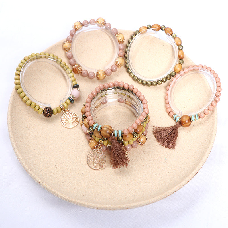 Wholesale Bohemian Tassel Multilayer Wooden Beads Bracelet